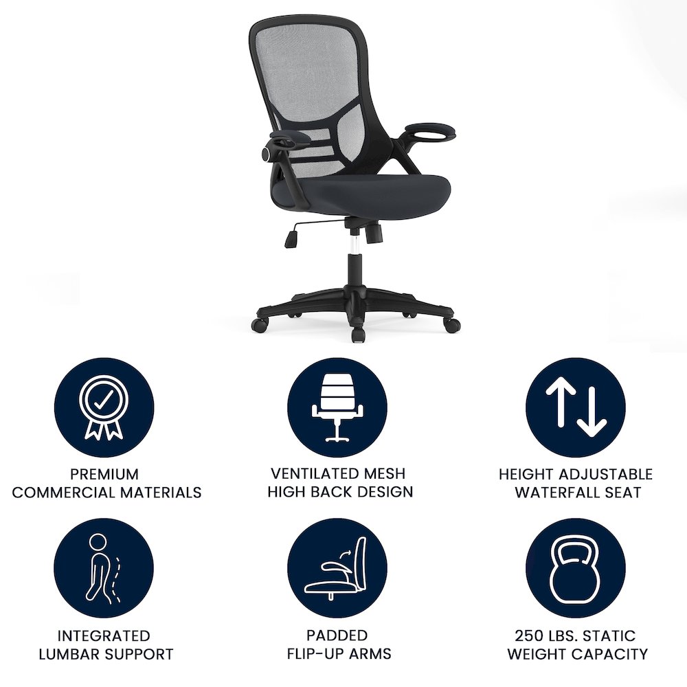 High Back Dark Gray Mesh Swivel Office Chair with Black Frame and Flip-up Arms