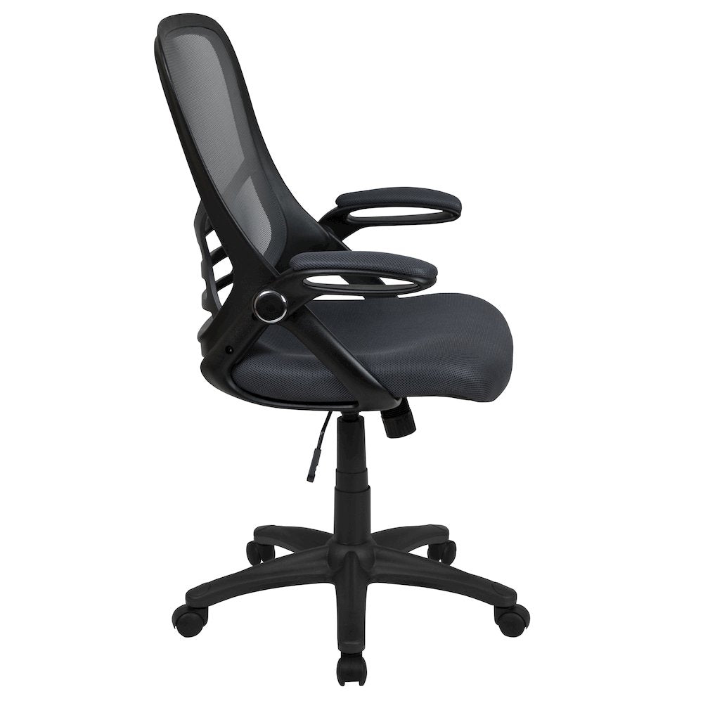 High Back Dark Gray Mesh Swivel Office Chair with Black Frame and Flip-up Arms