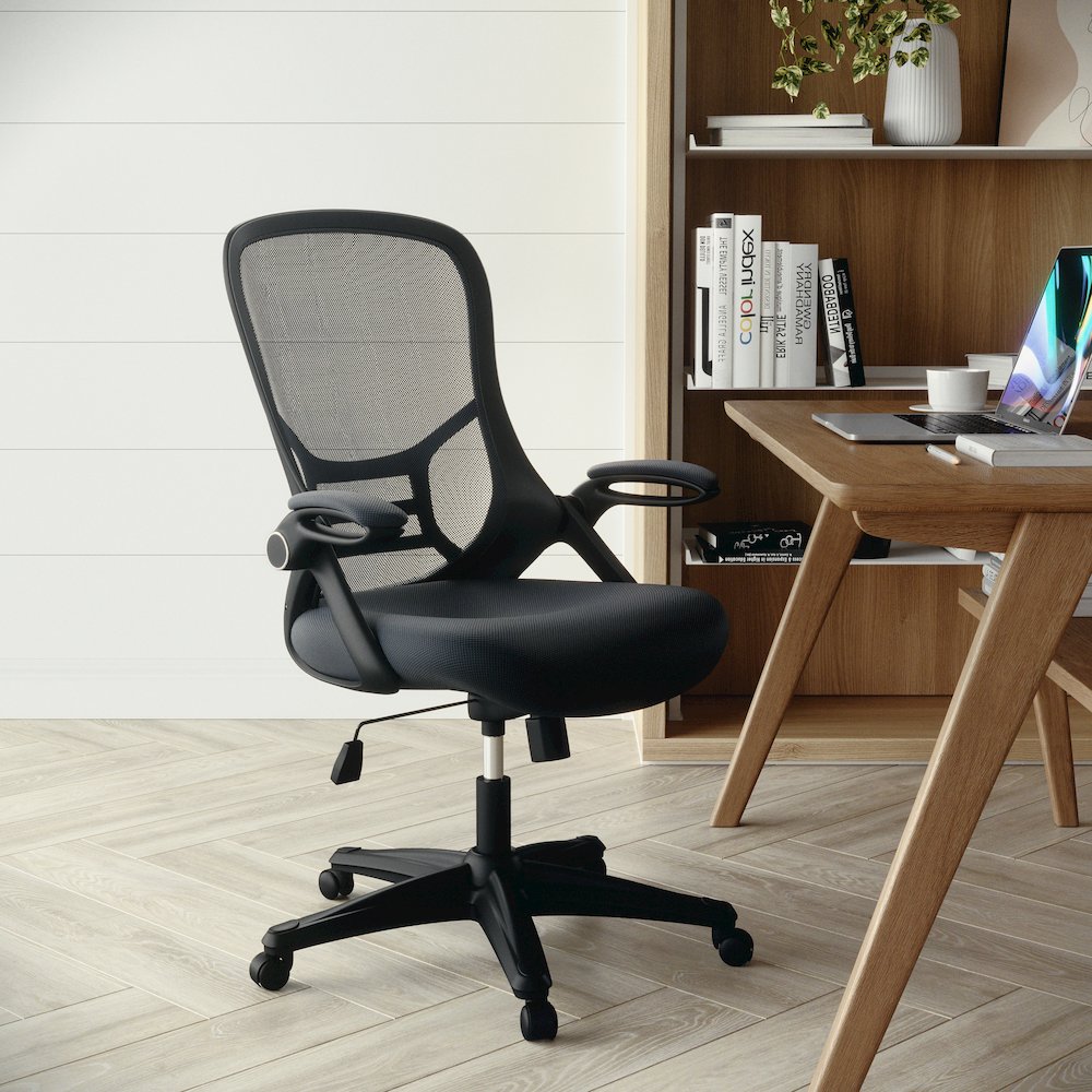 High Back Dark Gray Mesh Swivel Office Chair with Black Frame and Flip-up Arms
