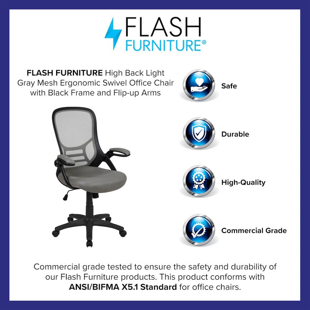 High Back Light Gray Mesh Swivel Office Chair with Black Frame and Flip-up Arms