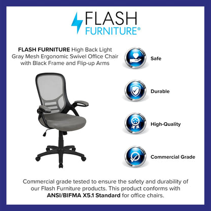 High Back Light Gray Mesh Swivel Office Chair with Black Frame and Flip-up Arms