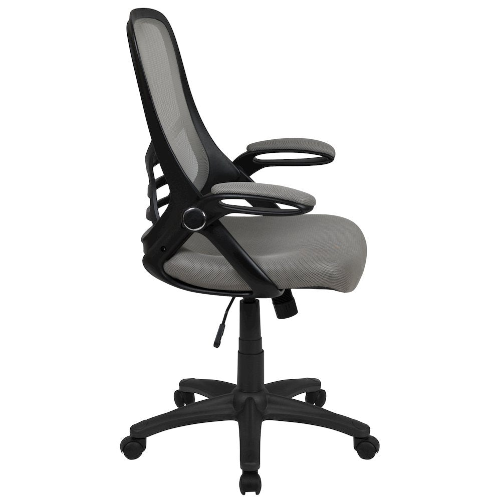 High Back Light Gray Mesh Swivel Office Chair with Black Frame and Flip-up Arms