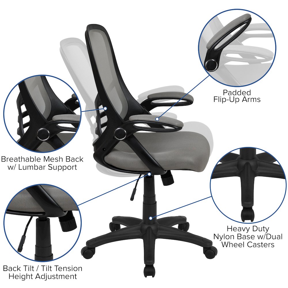 High Back Light Gray Mesh Swivel Office Chair with Black Frame and Flip-up Arms