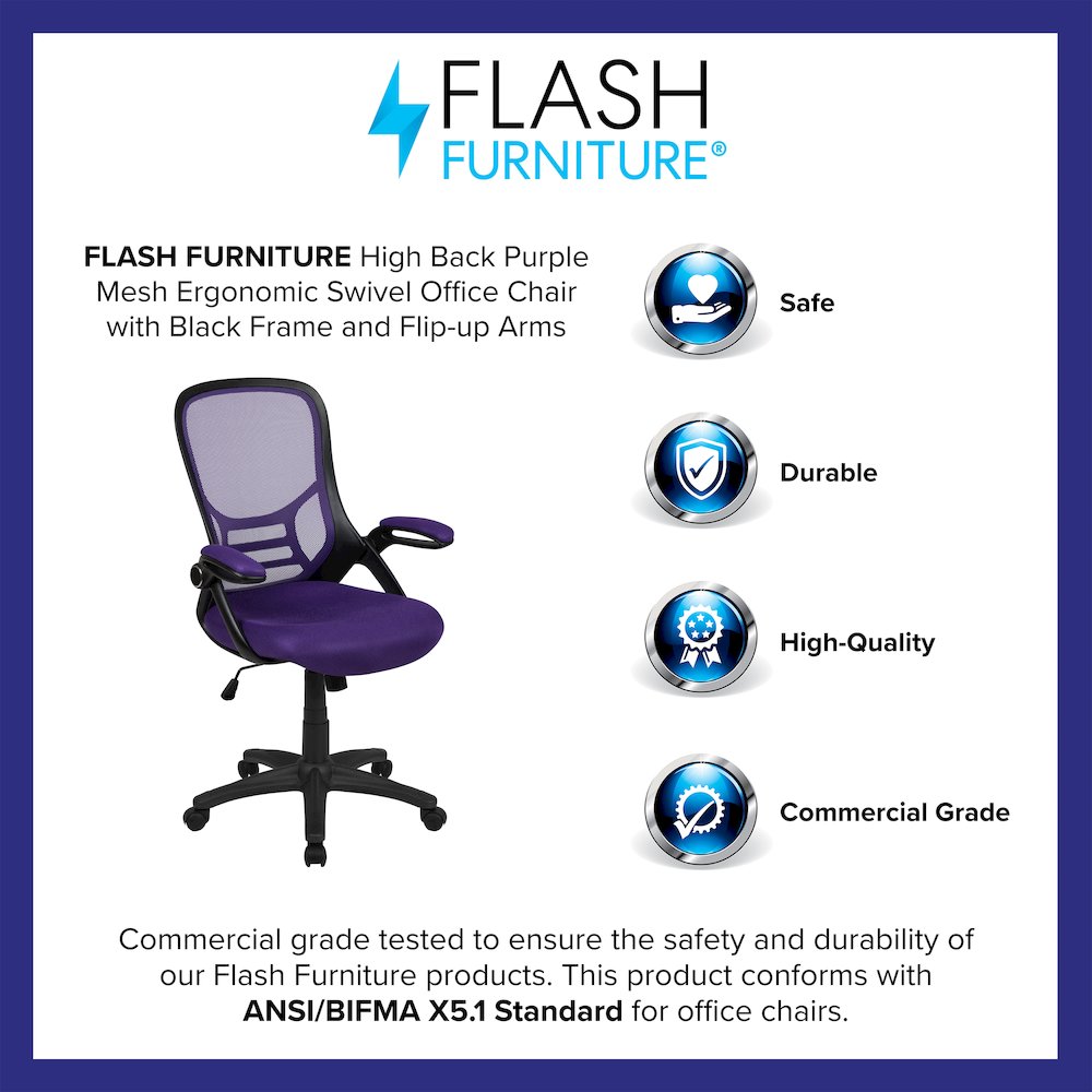 High Back Purple Mesh Swivel Office Chair with Black Frame and Flip-up Arms