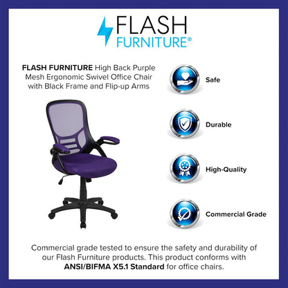 High Back Purple Mesh Swivel Office Chair with Black Frame and Flip-up Arms
