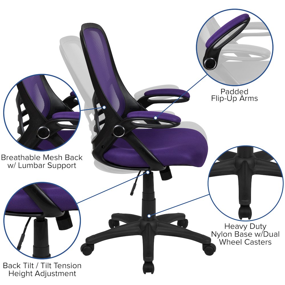 High Back Purple Mesh Swivel Office Chair with Black Frame and Flip-up Arms