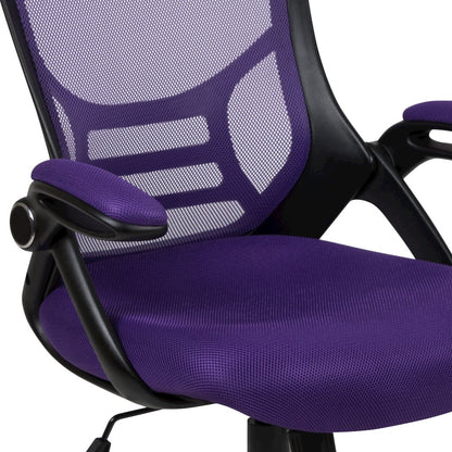 High Back Purple Mesh Swivel Office Chair with Black Frame and Flip-up Arms