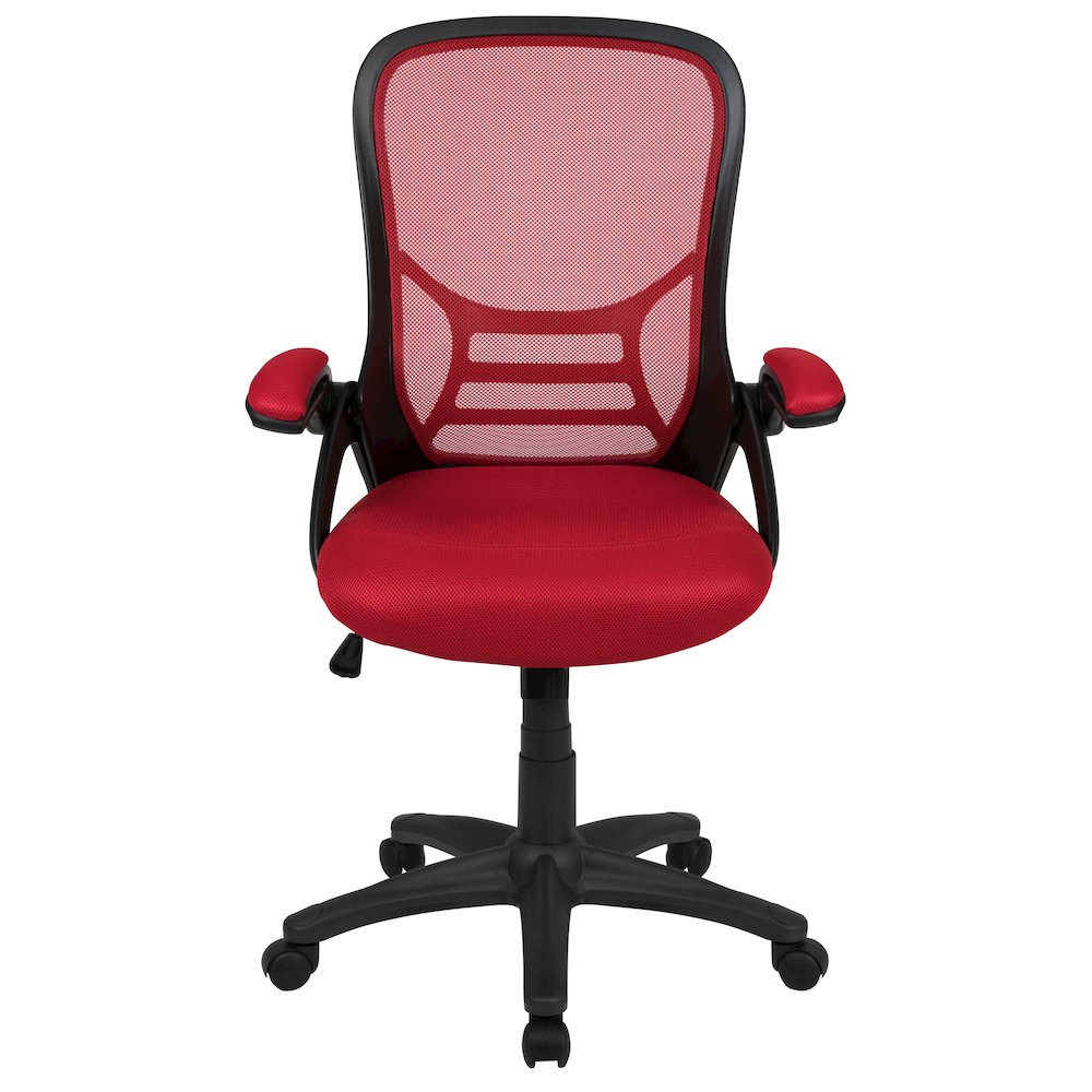 High Back Red Mesh Ergonomic Swivel Office Chair with Black Frame and Flip-up Arms