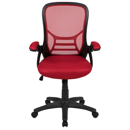High Back Red Mesh Ergonomic Swivel Office Chair with Black Frame and Flip-up Arms