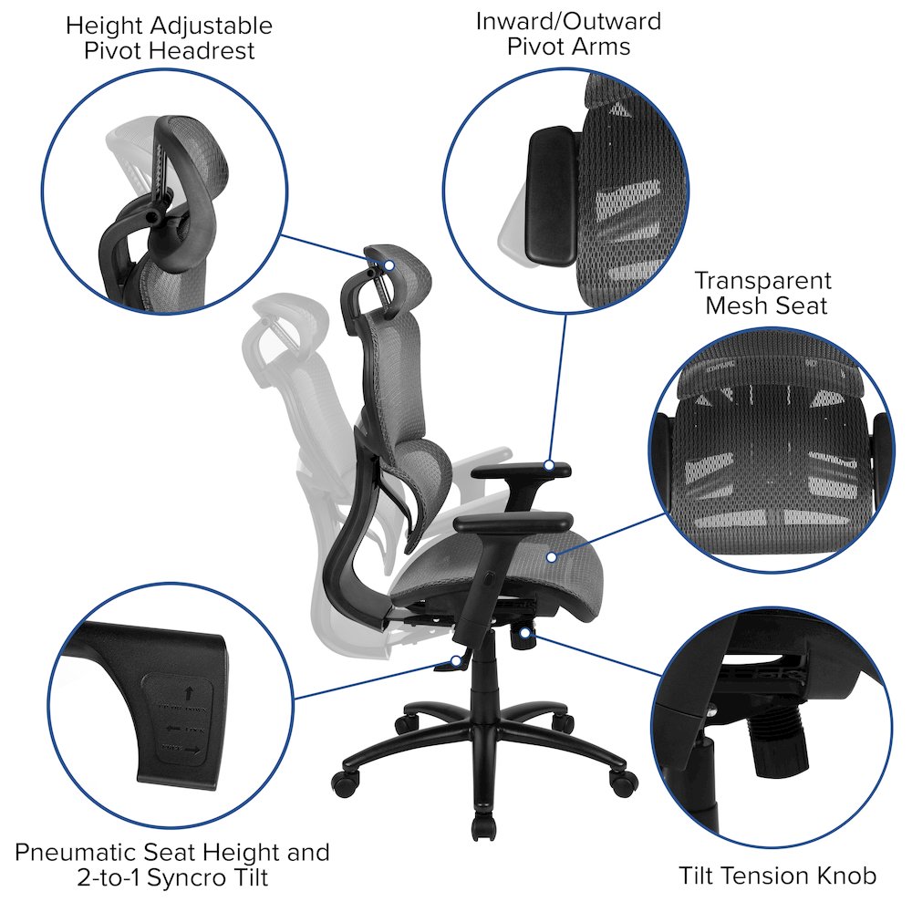 Mesh Office Chair with 2-to-1 Synchro-Tilt,  Adjustable Pivot Arms in Gray