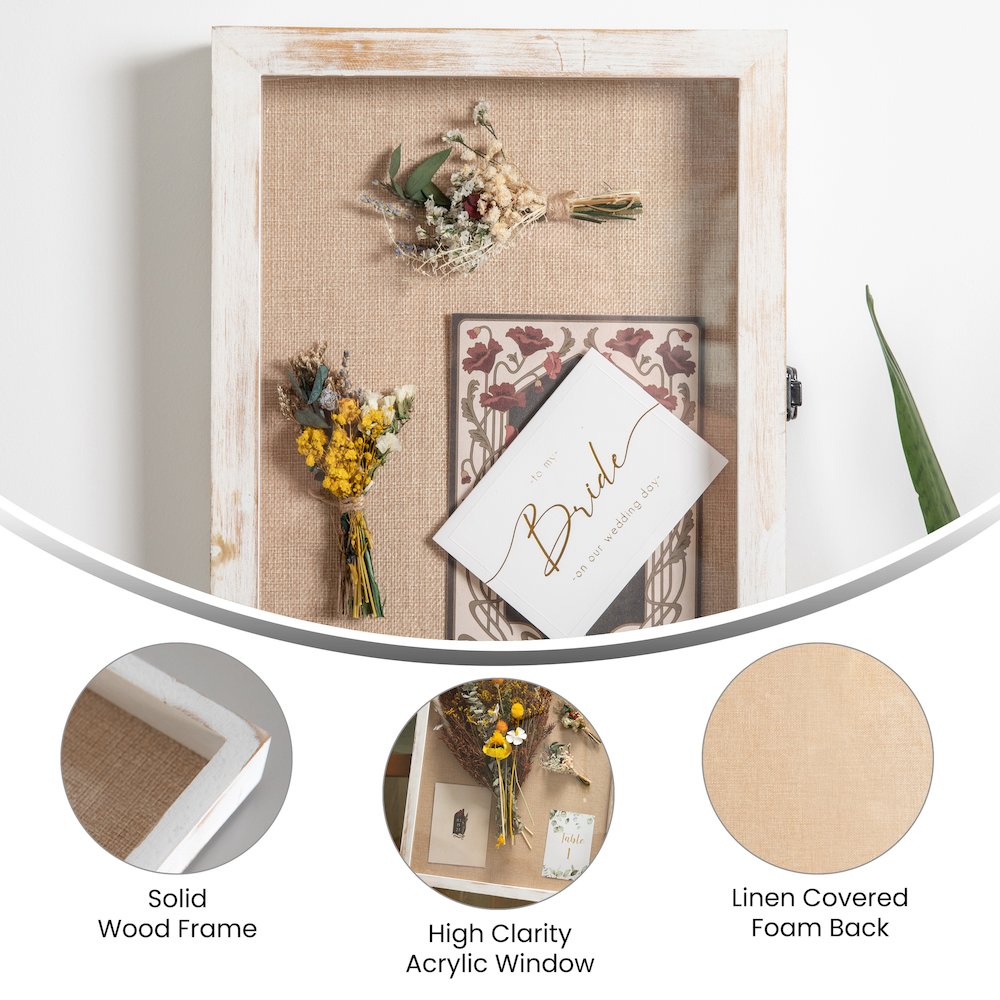 Contemporary 11 x 14 Shadow Box Display Case with 8 Push Pins, White Wash