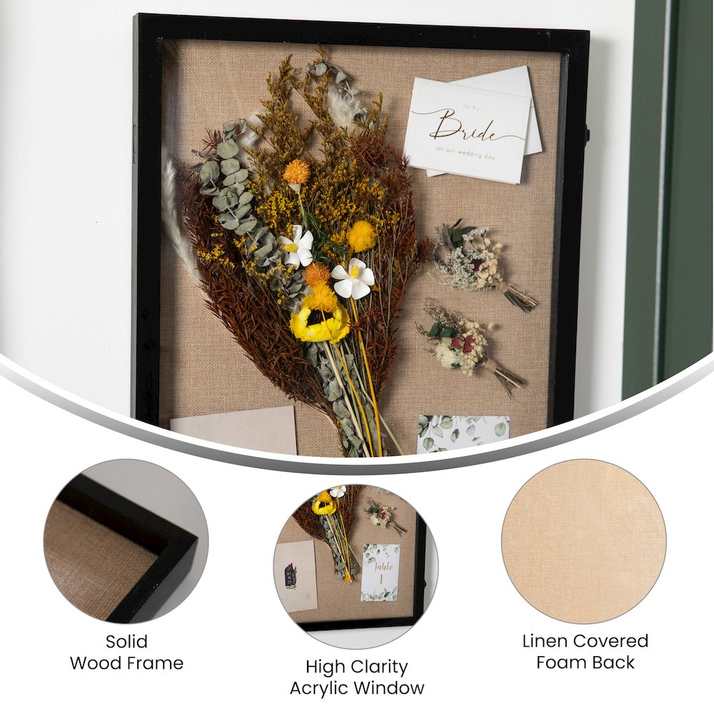 Contemporary 18 x 24 Shadow Box Display Case with 8 Push Pins, Black