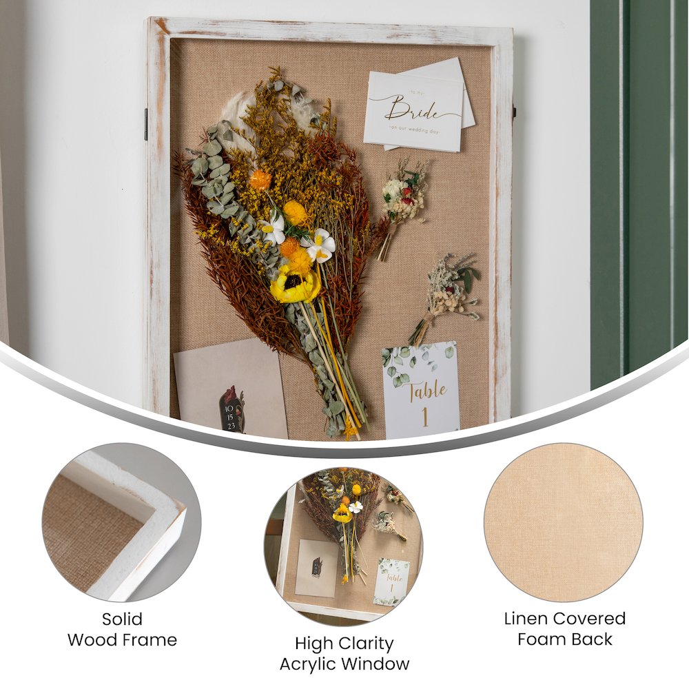 Contemporary 18 x 24 Shadow Box Display Case with 8 Push Pins, White Wash