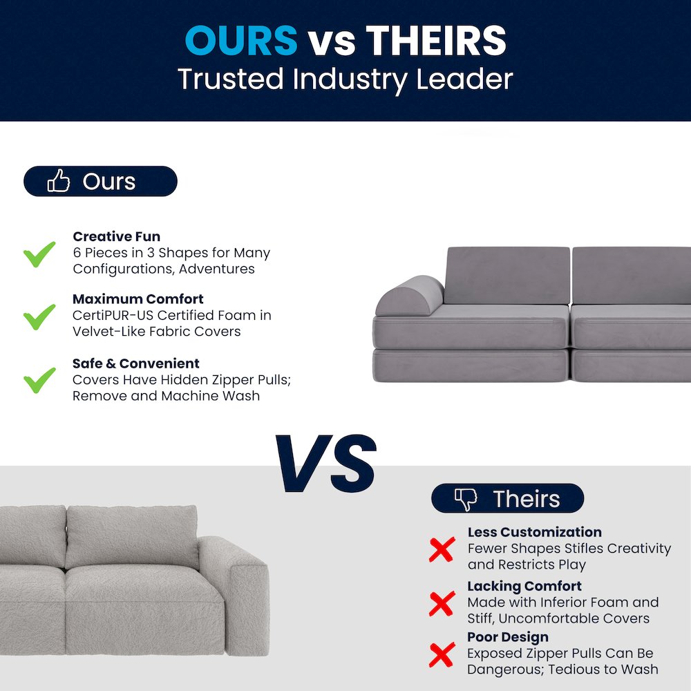 56" Modular Kids Play Couch with 6 Soft Foam Sectional Sofa Pieces in Gray