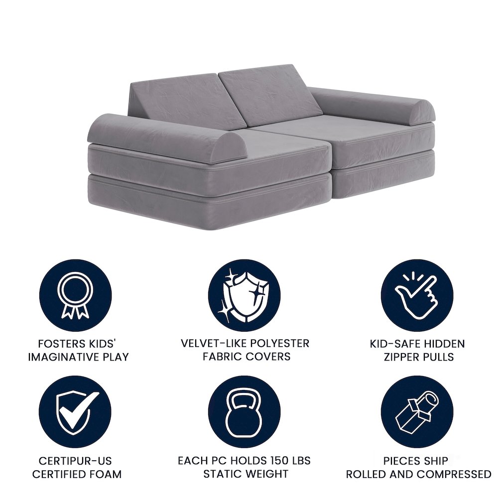 56" Modular Kids Play Couch with 6 Soft Foam Sectional Sofa Pieces in Gray