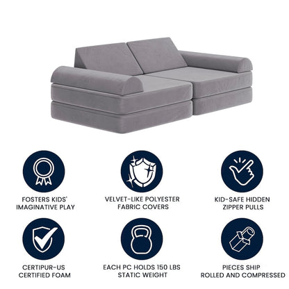 56" Modular Kids Play Couch with 6 Soft Foam Sectional Sofa Pieces in Gray