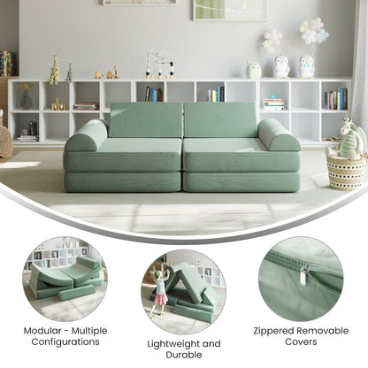 56" Modular Kids Play Couch with 6 Soft Foam Sectional Sofa Pieces in Sage
