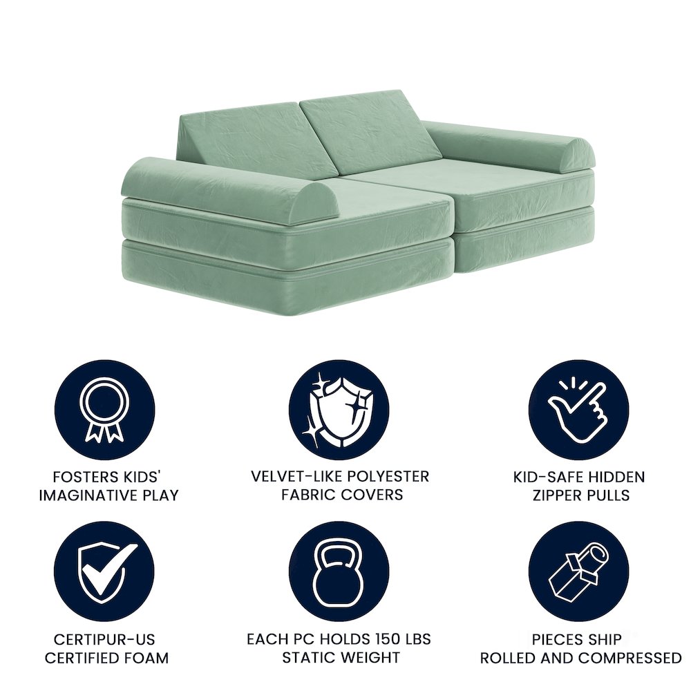 56" Modular Kids Play Couch with 6 Soft Foam Sectional Sofa Pieces in Sage