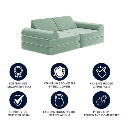 56" Modular Kids Play Couch with 6 Soft Foam Sectional Sofa Pieces in Sage