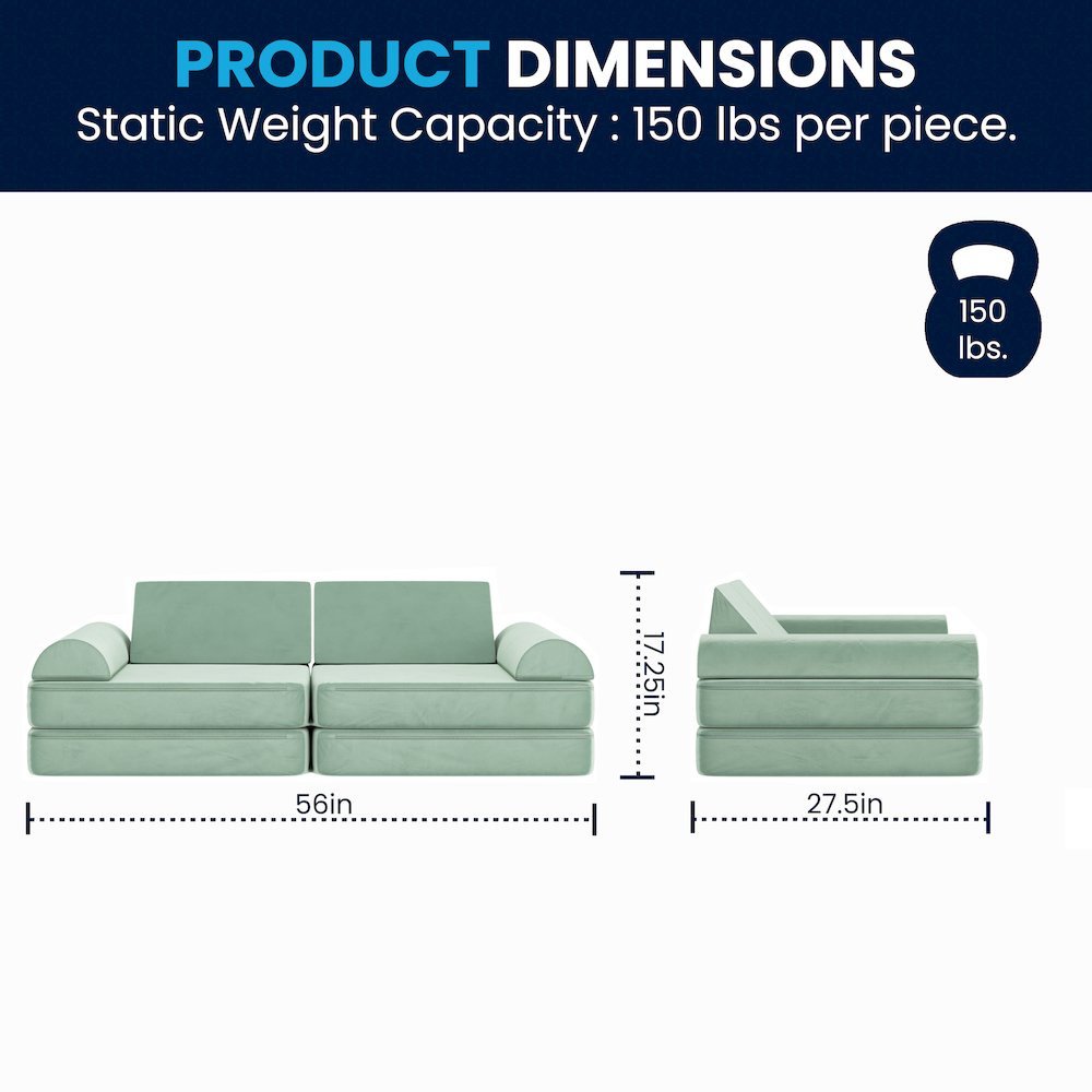 56" Modular Kids Play Couch with 6 Soft Foam Sectional Sofa Pieces in Sage