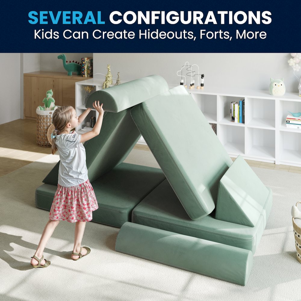 56" Modular Kids Play Couch with 6 Soft Foam Sectional Sofa Pieces in Sage