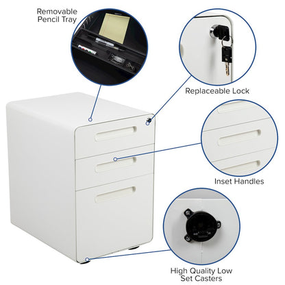 Ergonomic 3-Drawer Mobile Locking Filing Cabinet with Anti-Tilt Mechanism and Hanging Drawer for Legal & Letter Files, White
