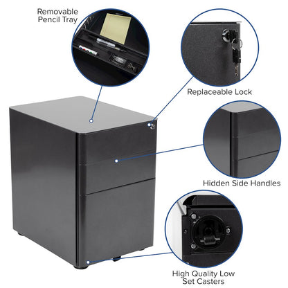 Modern 3-Drawer Mobile Locking Filing Cabinet with Anti-Tilt Mechanism and Hanging Drawer for Legal & Letter Files, Black