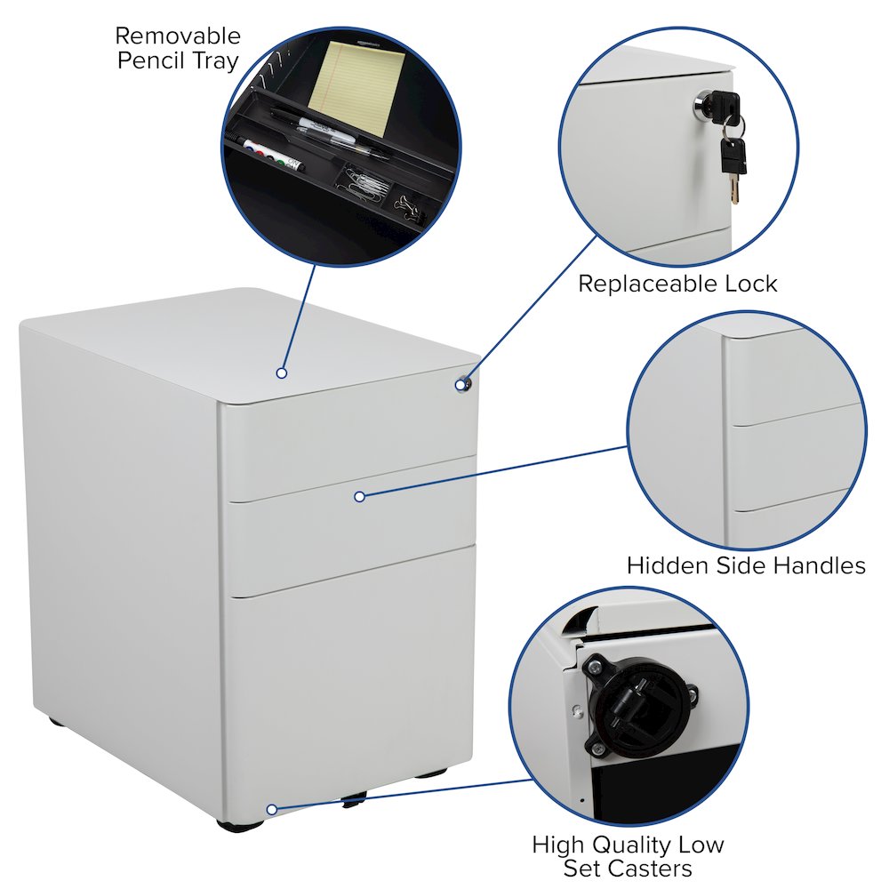 3-Drawer Mobile Locking Filing Cabinet with Anti-Tilt Mechanism, White