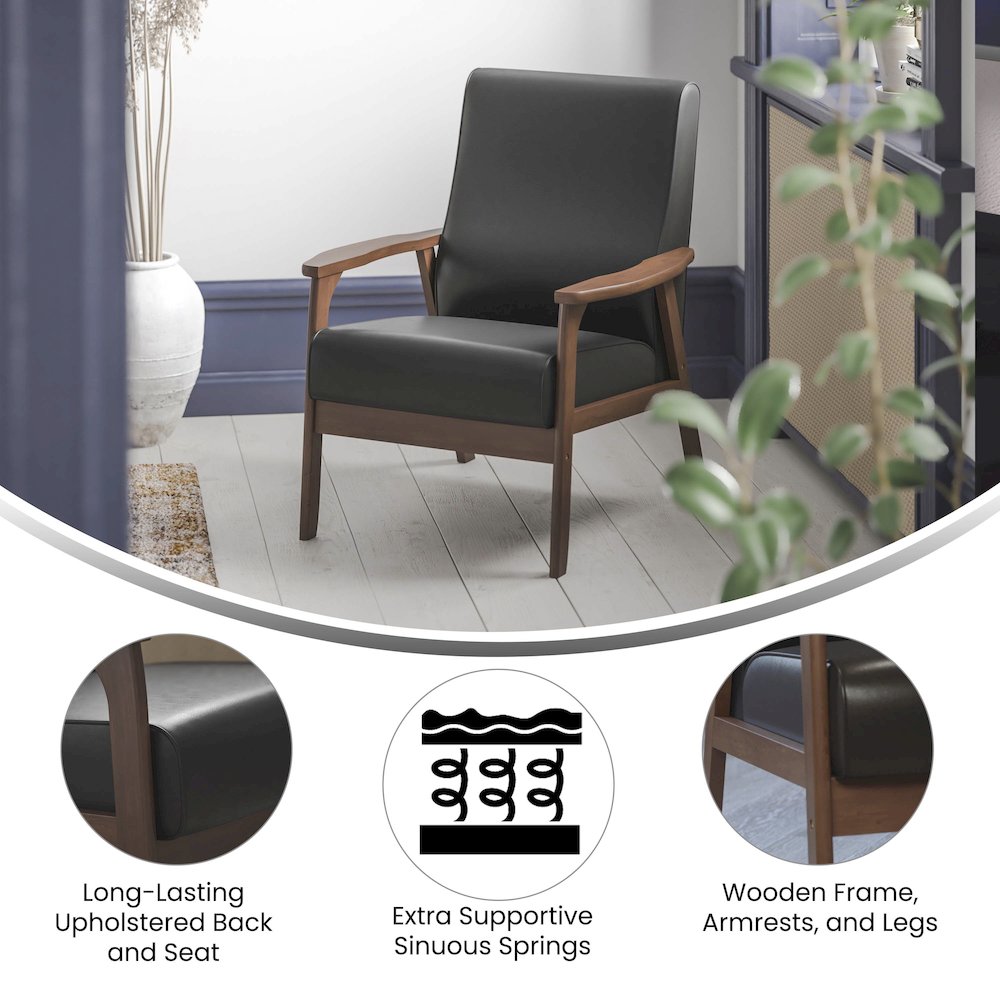 Upholstered Arm Chair with Walnut Finished Wooden Frame and Arms in Black