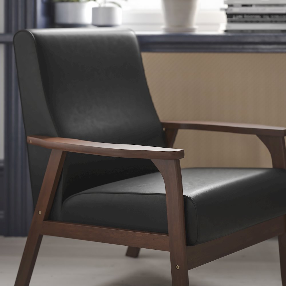 Upholstered Arm Chair with Walnut Finished Wooden Frame and Arms in Black