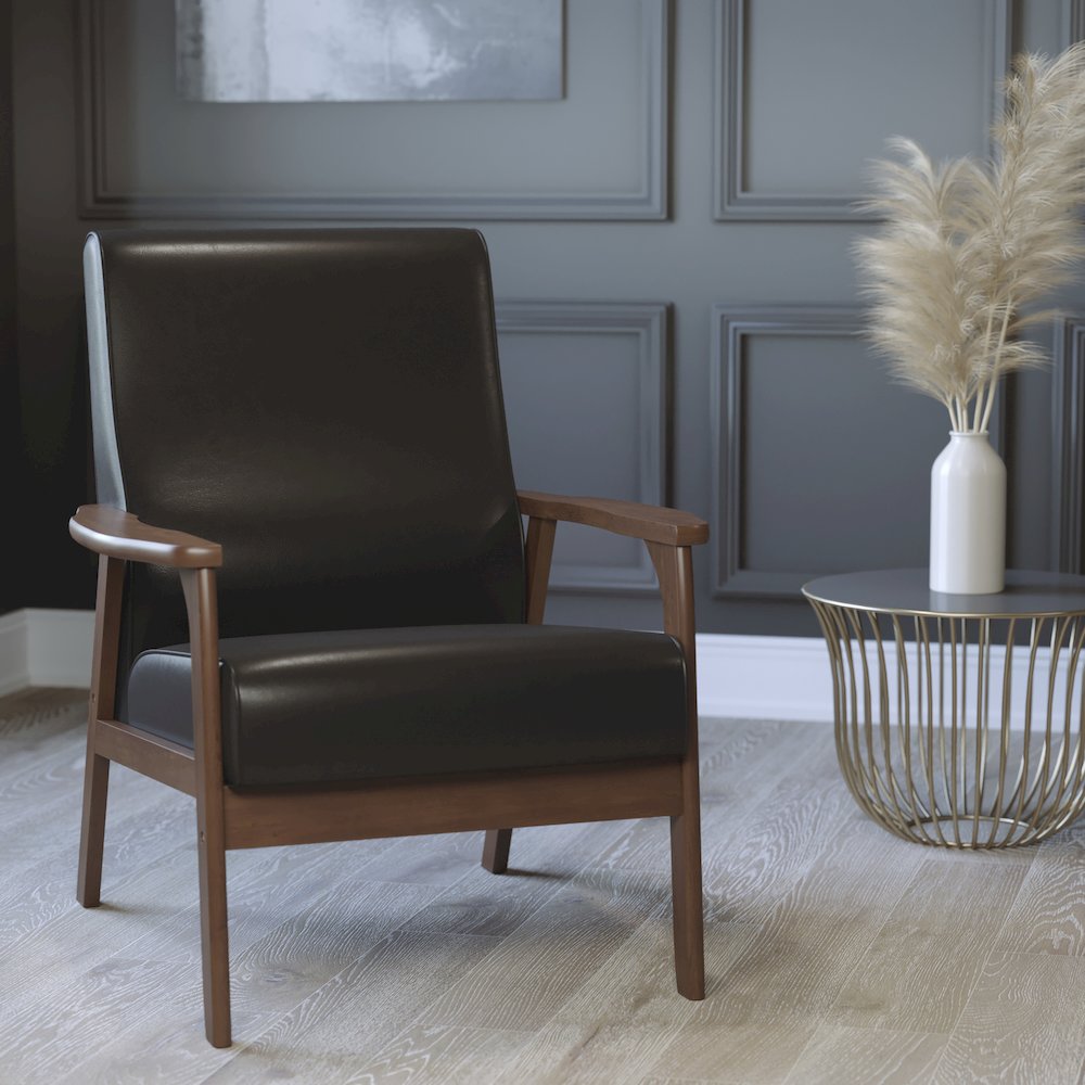 Upholstered Arm Chair with Walnut Finished Wooden Frame and Arms in Black