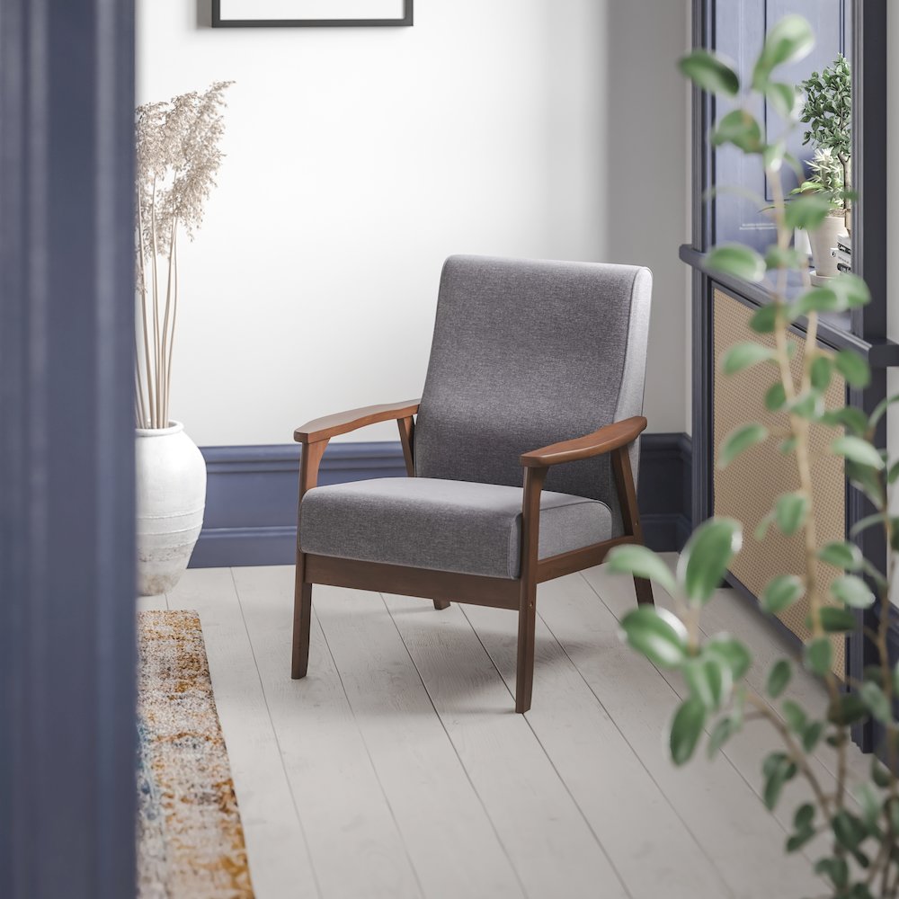 Faux Linen Upholstered Arm Chair with Walnut Finished Wooden Frame