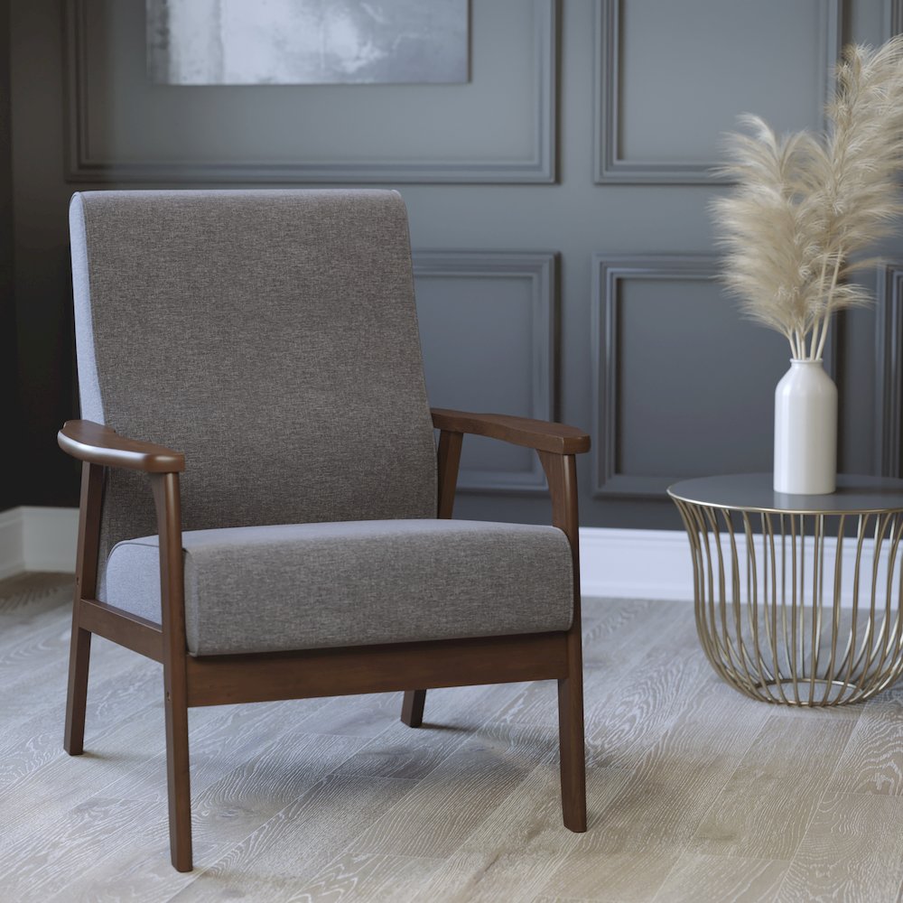 Faux Linen Upholstered Arm Chair with Walnut Finished Wooden Frame