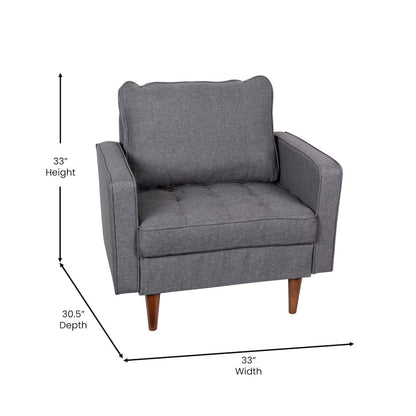 Armchair with Tufted Faux Linen Upholstery, Solid Wood Legs in Dark Gray