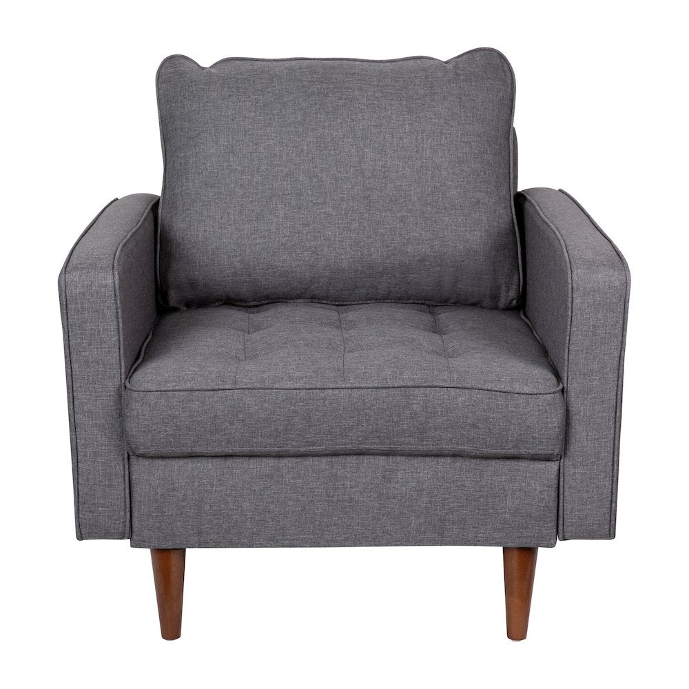 Armchair with Tufted Faux Linen Upholstery, Solid Wood Legs in Dark Gray