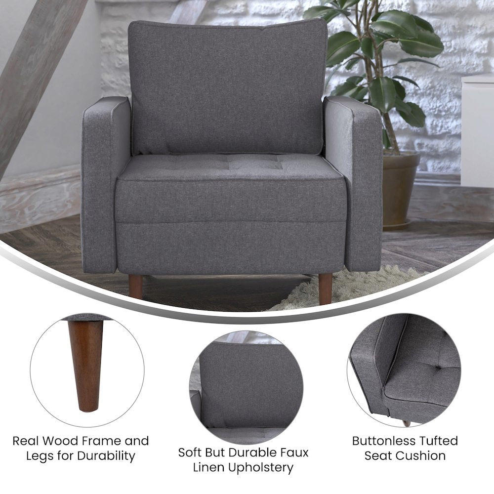 Armchair with Tufted Faux Linen Upholstery, Solid Wood Legs in Dark Gray