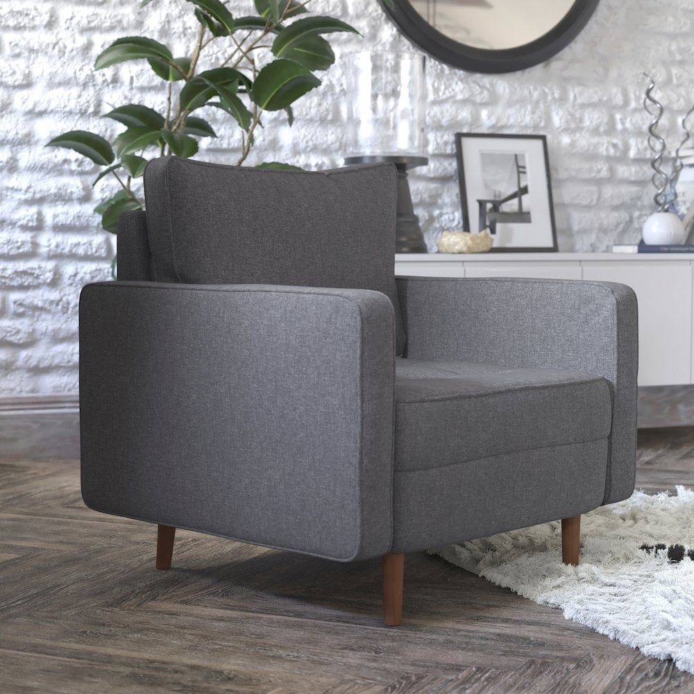 Armchair with Tufted Faux Linen Upholstery, Solid Wood Legs in Dark Gray
