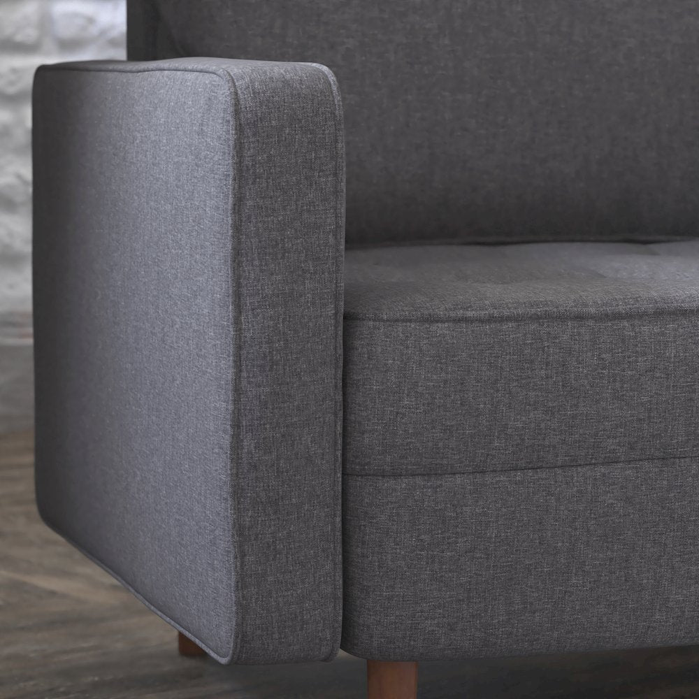 Armchair with Tufted Faux Linen Upholstery, Solid Wood Legs in Dark Gray