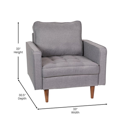 Armchair with Tufted Faux Linen Upholstery, Solid Wood Legs in Slate Gray