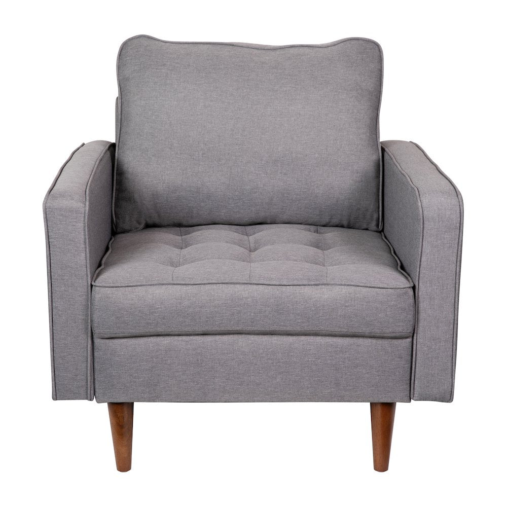Armchair with Tufted Faux Linen Upholstery, Solid Wood Legs in Slate Gray