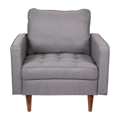 Armchair with Tufted Faux Linen Upholstery, Solid Wood Legs in Slate Gray