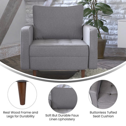 Armchair with Tufted Faux Linen Upholstery, Solid Wood Legs in Slate Gray