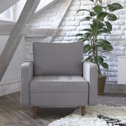 Armchair with Tufted Faux Linen Upholstery, Solid Wood Legs in Slate Gray