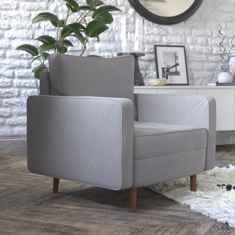 Armchair with Tufted Faux Linen Upholstery, Solid Wood Legs in Slate Gray