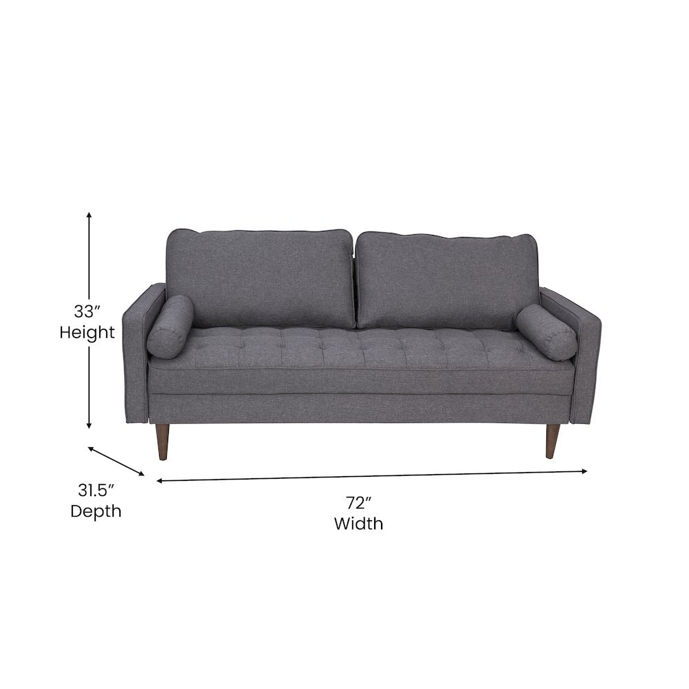 Mid-Century Sofa with Tufted Faux Linen Upholstery, Solid Wood Legs in Dark Gray