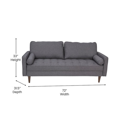 Mid-Century Sofa with Tufted Faux Linen Upholstery, Solid Wood Legs in Dark Gray