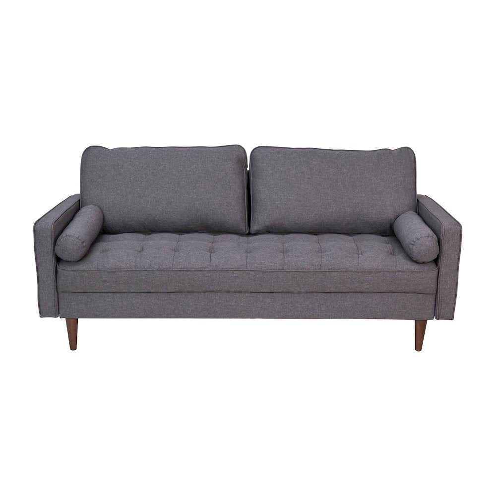 Mid-Century Sofa with Tufted Faux Linen Upholstery, Solid Wood Legs in Dark Gray