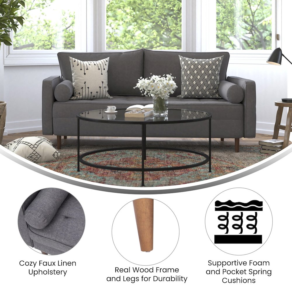 Mid-Century Sofa with Tufted Faux Linen Upholstery, Solid Wood Legs in Dark Gray