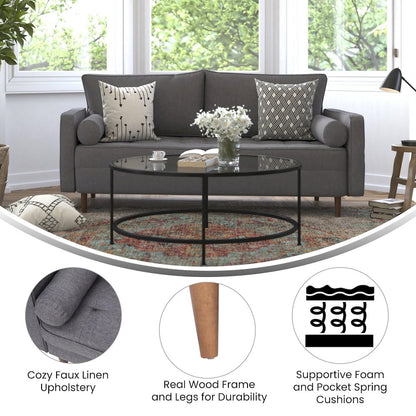 Mid-Century Sofa with Tufted Faux Linen Upholstery, Solid Wood Legs in Dark Gray