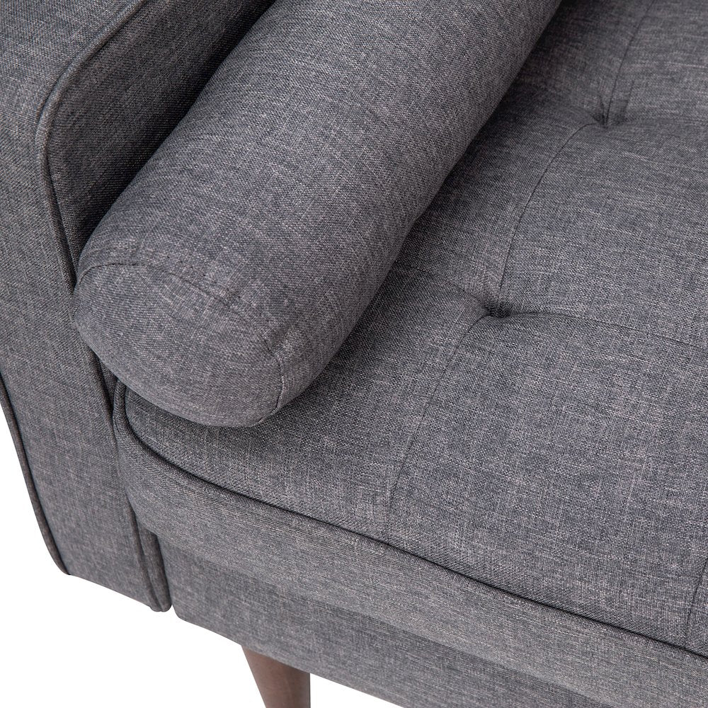 Mid-Century Sofa with Tufted Faux Linen Upholstery, Solid Wood Legs in Dark Gray